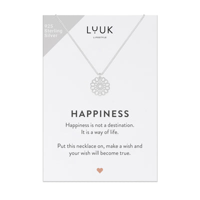 Silber Halskette mit Mandala Anhänger in Sterlingsilber 925 auf Happiness Spruchkarte von Luuk Lifestyle 