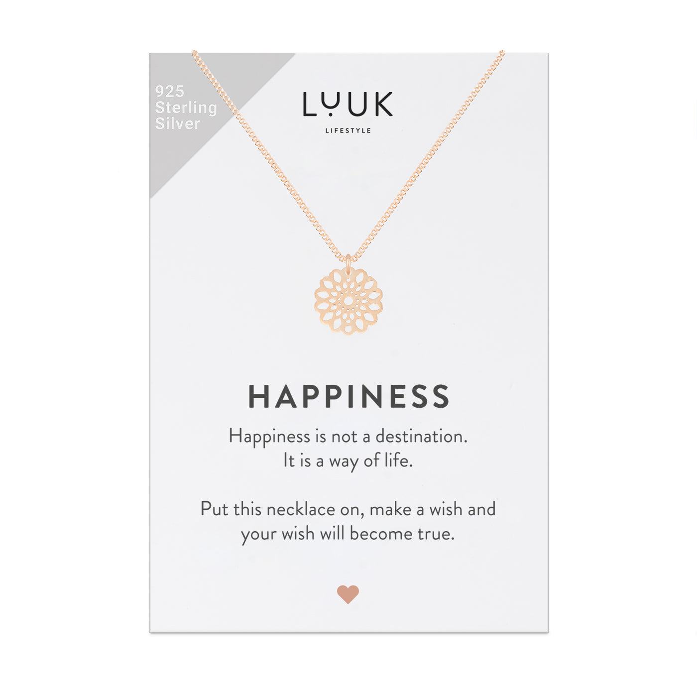 Halskette mit Mandala Anhänger in Rosegold auf motivierender Happiness Spruchkarte von Luuk Lifestyle