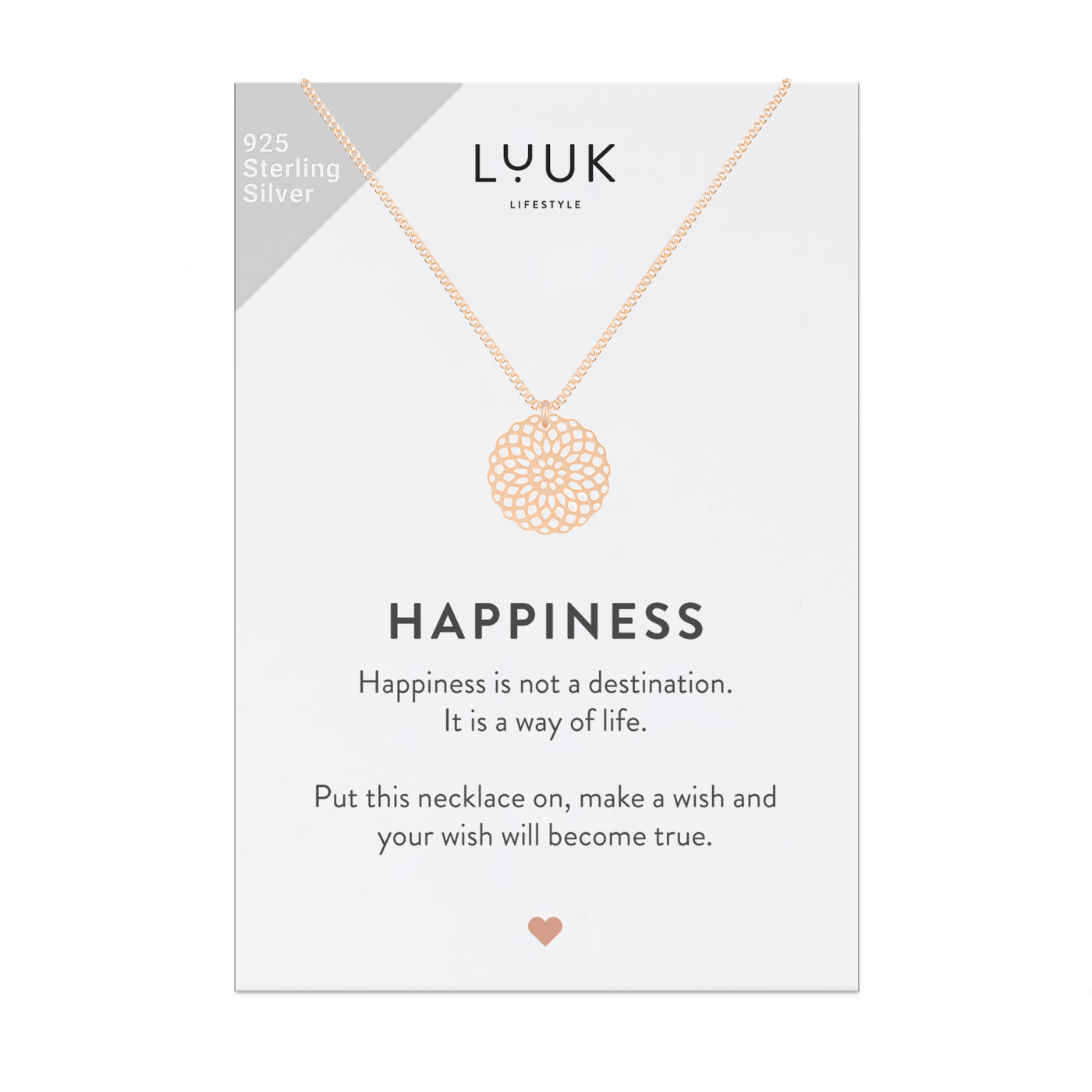 Halskette mit großem Mandala Anhänger in Roségold auf Happiness Spruchkarte von Luuk Lifestyle