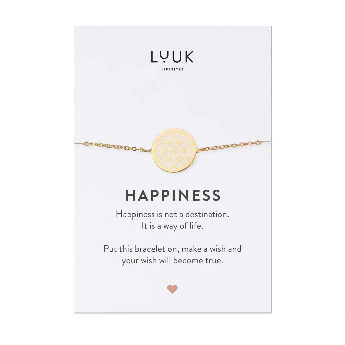 Halskette mit Mandala Anhänger in Gold auf Happiness Spruchkarte von der Brand Luuk Lifestyle