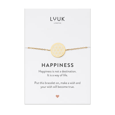 Halskette mit Mandala Anhänger in Gold auf Happiness Spruchkarte von der Brand Luuk Lifestyle