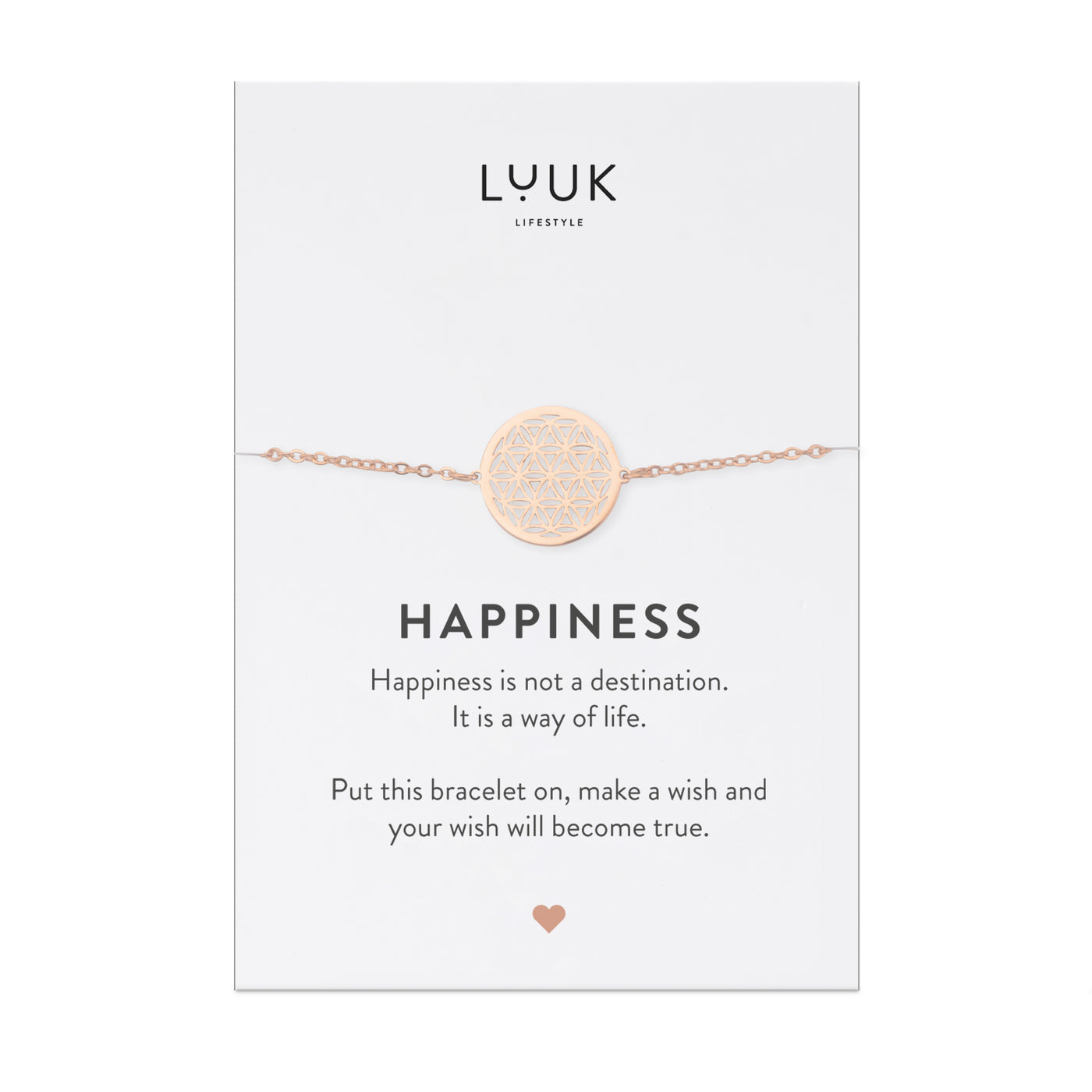 Armband mit Mandala Anhänger in Rosegold auf motivierender Happiness Spruchkarte von Luuk Lifestyle
