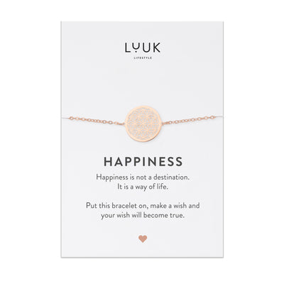 Armband mit Mandala Anhänger in Rosegold auf motivierender Happiness Spruchkarte von Luuk Lifestyle