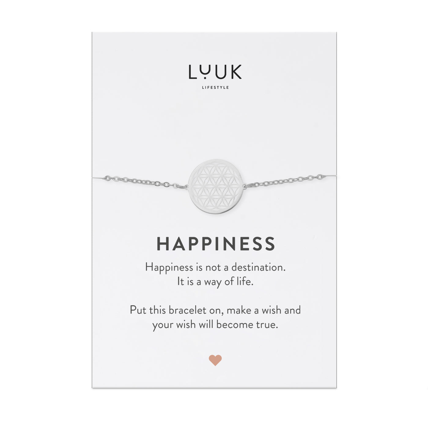 Silber Armband mit Mandala Anhänger in sterlingsilber 925 auf Happiness Spruchkarte von Luuk Lifestyle 