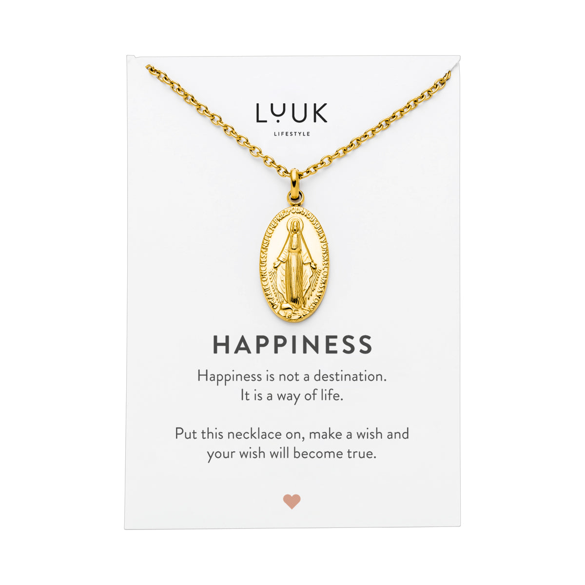 Goldene Halskette mit Jungfrau Maria Anhänger auf Happiness Karte von der Brand Luuk Lifestyle.