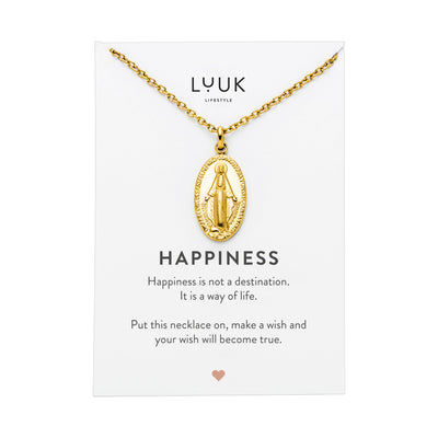 Goldene Halskette mit Jungfrau Maria Anhänger auf Happiness Karte von der Brand Luuk Lifestyle.