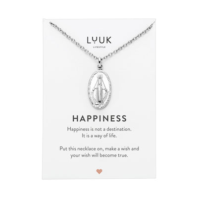 Silberne Halskette mit Jungfrau Maria Anhänger auf Happiness Karte von der Marke Luuk Lifestyle.
