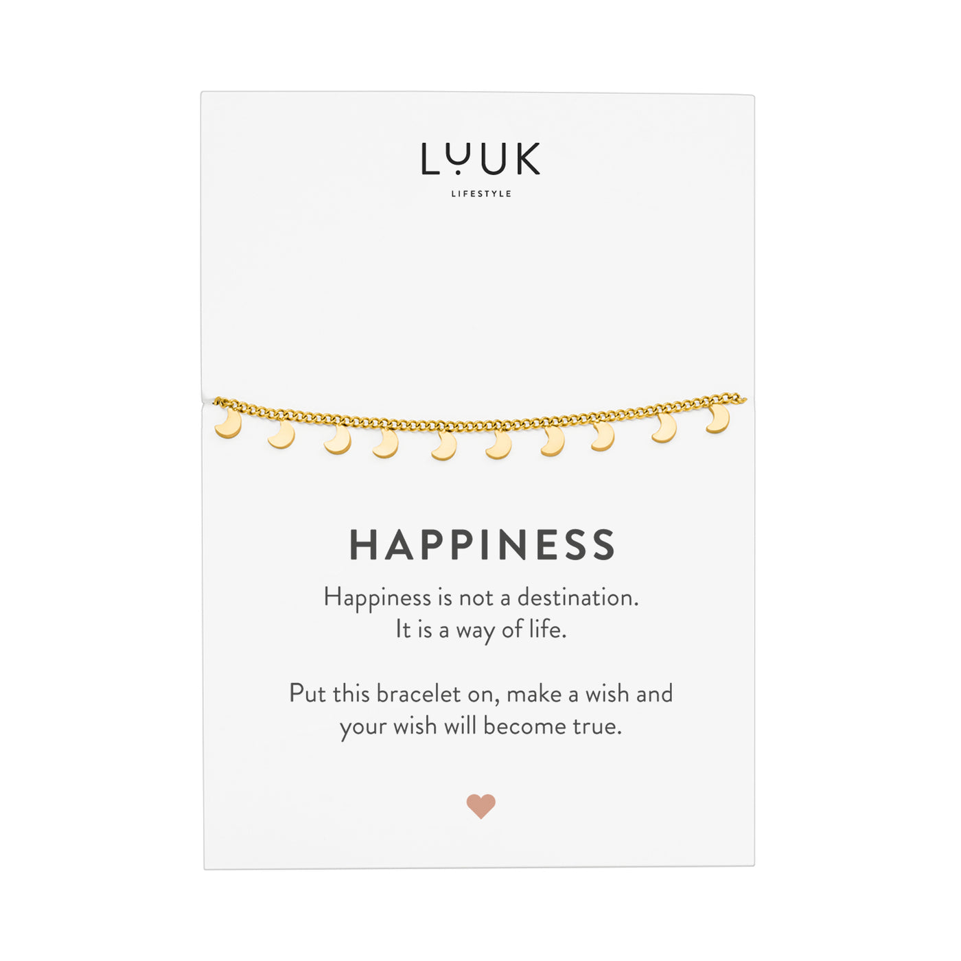 Goldenes Armband mit Mond Anhängern auf Happiness Spruchkarte von der Brand Luuk Lifestyle