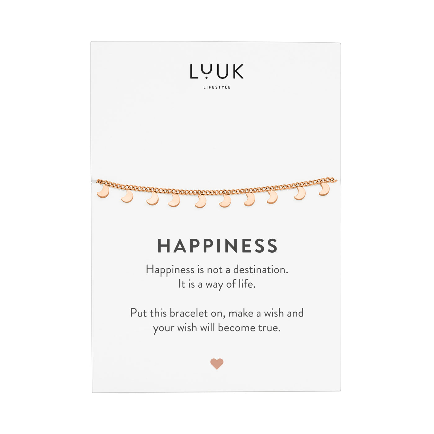 Rosegoldenes Armband mit Mond Anhängern auf Happiness Spruchkarte von Luuk Lifestyle