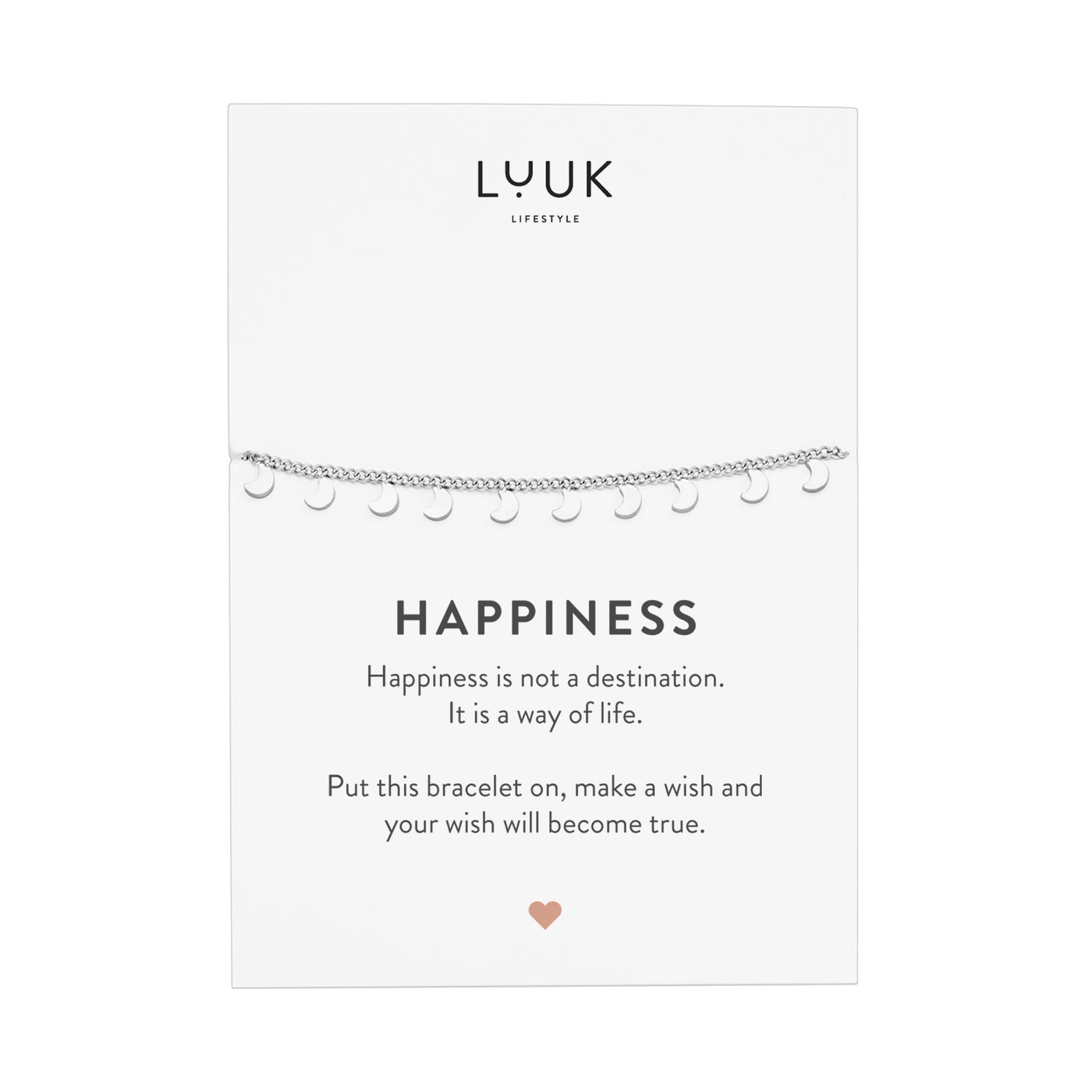 Silbernes Armband mit kleinen Mond Anhängern auf Happiness Spruchkarte von der Marke Luuk Lifestyle