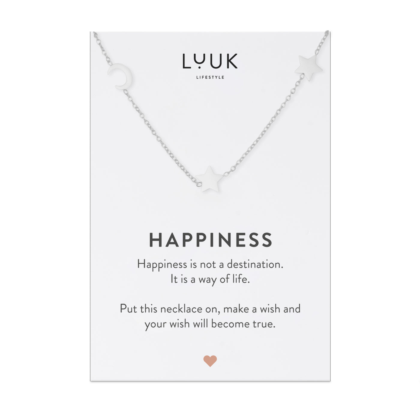 Silberne Halskette mit Mond und Stern Anhänger auf Happiness Karte von der Marke Luuk Lifestyle.