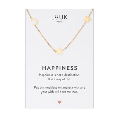Goldene Halskette mit Mond und Stern Anhänger auf Happiness Karte von der Brand Luuk Lifestyle.