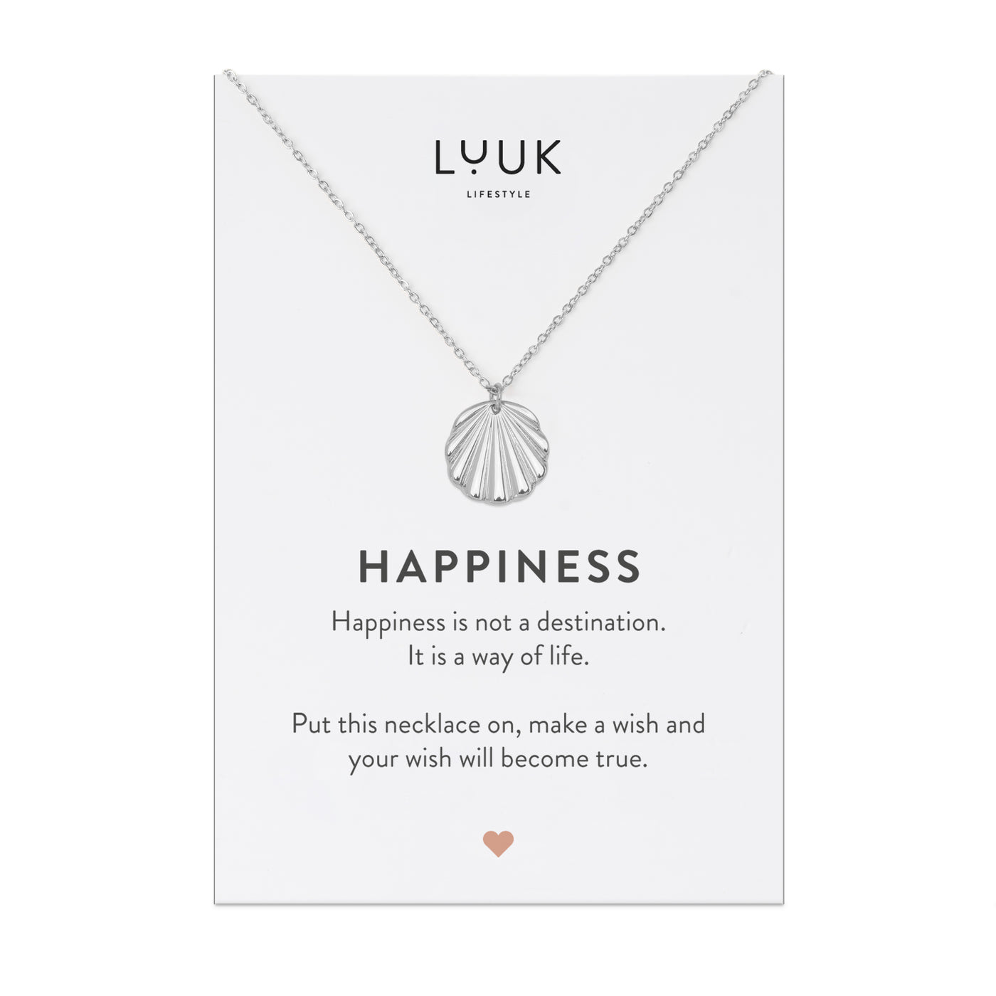 Halskette mit detailliertem Muschel Anhänger aus Edelstahl auf Happiness Spruchkarte von der Marke Luuk Lifestyle 