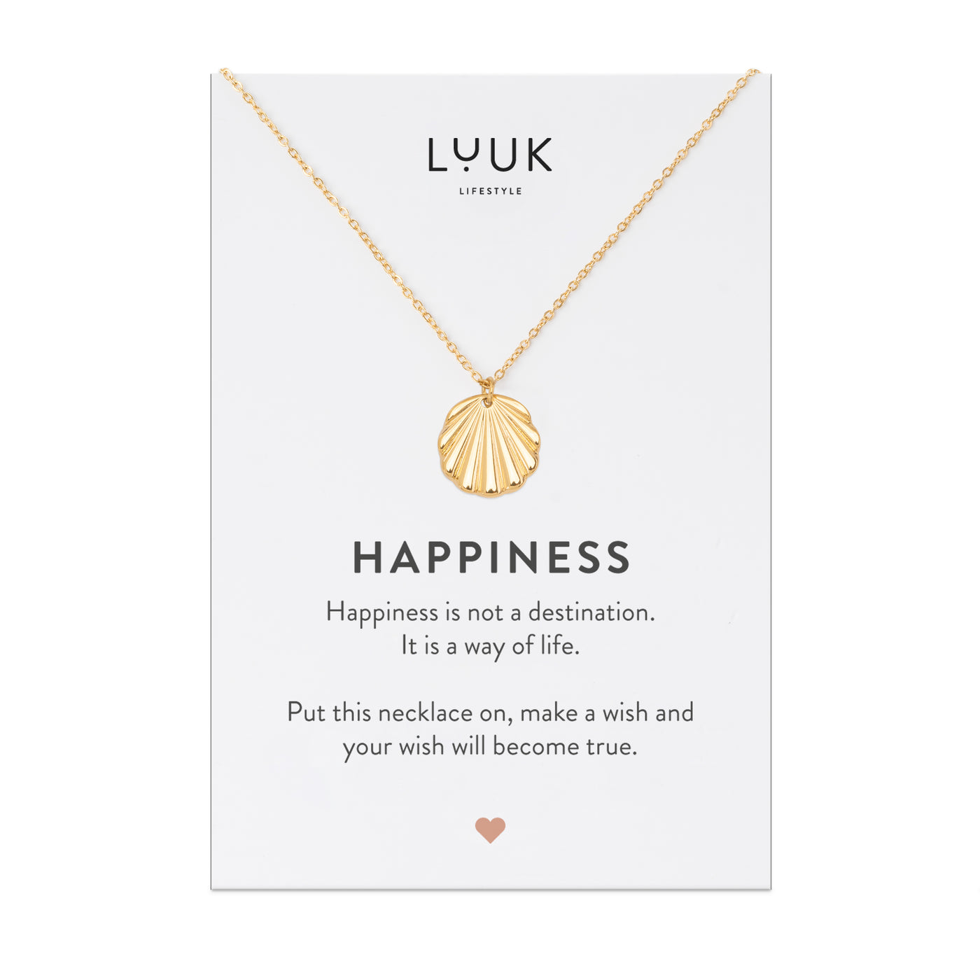 Goldene Kette mit Muschel Anhänger aus Edelstahl auf Happiness Spruchkarte von der Marke Luuk Lifestyle 