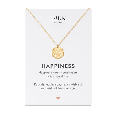 Goldene Kette mit Muschel Anhänger aus Edelstahl auf Happiness Spruchkarte von der Marke Luuk Lifestyle 