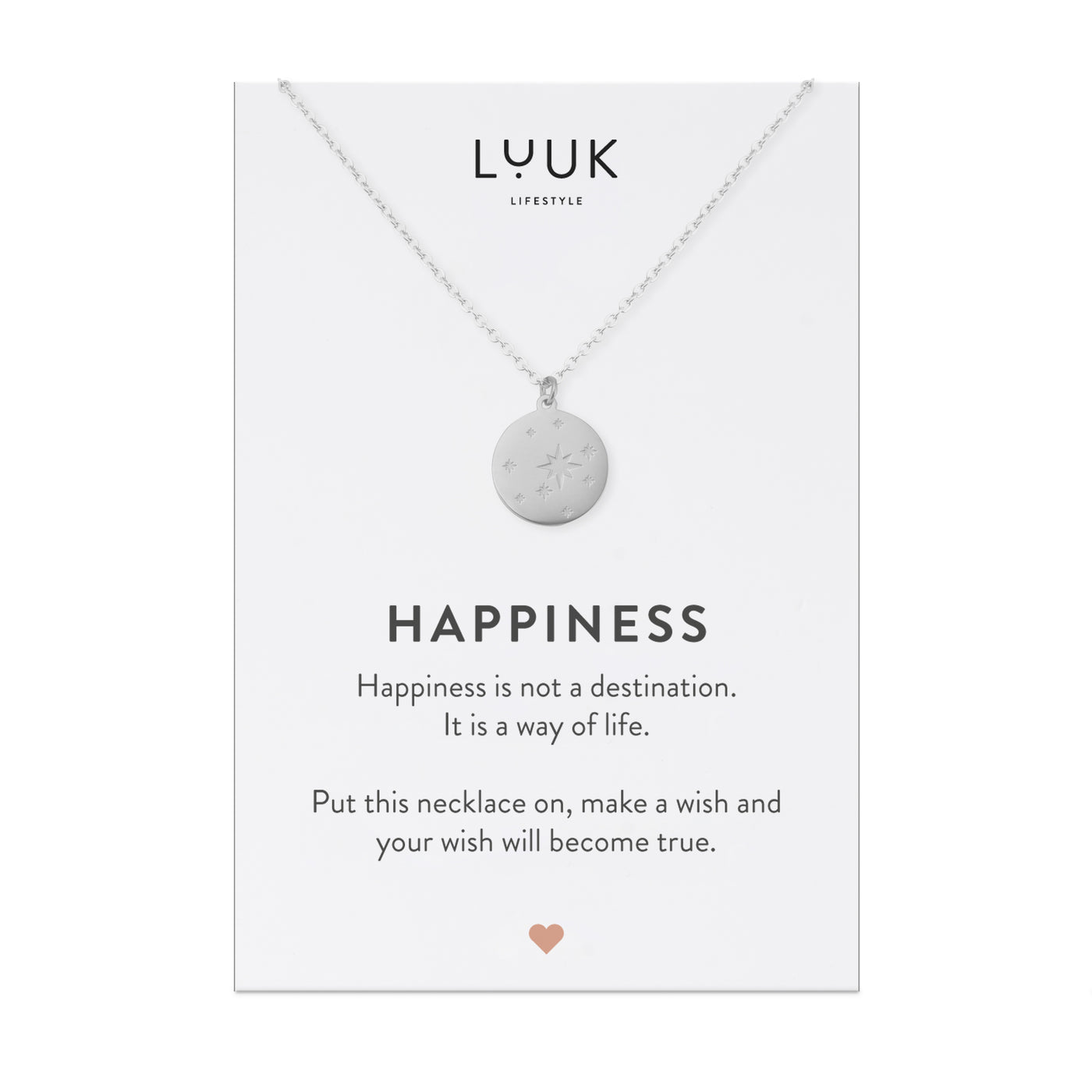 Silberne Halskette mit Sternenhimmel Anhänger auf Happiness Karte von der Marke Luuk Lifestyle.