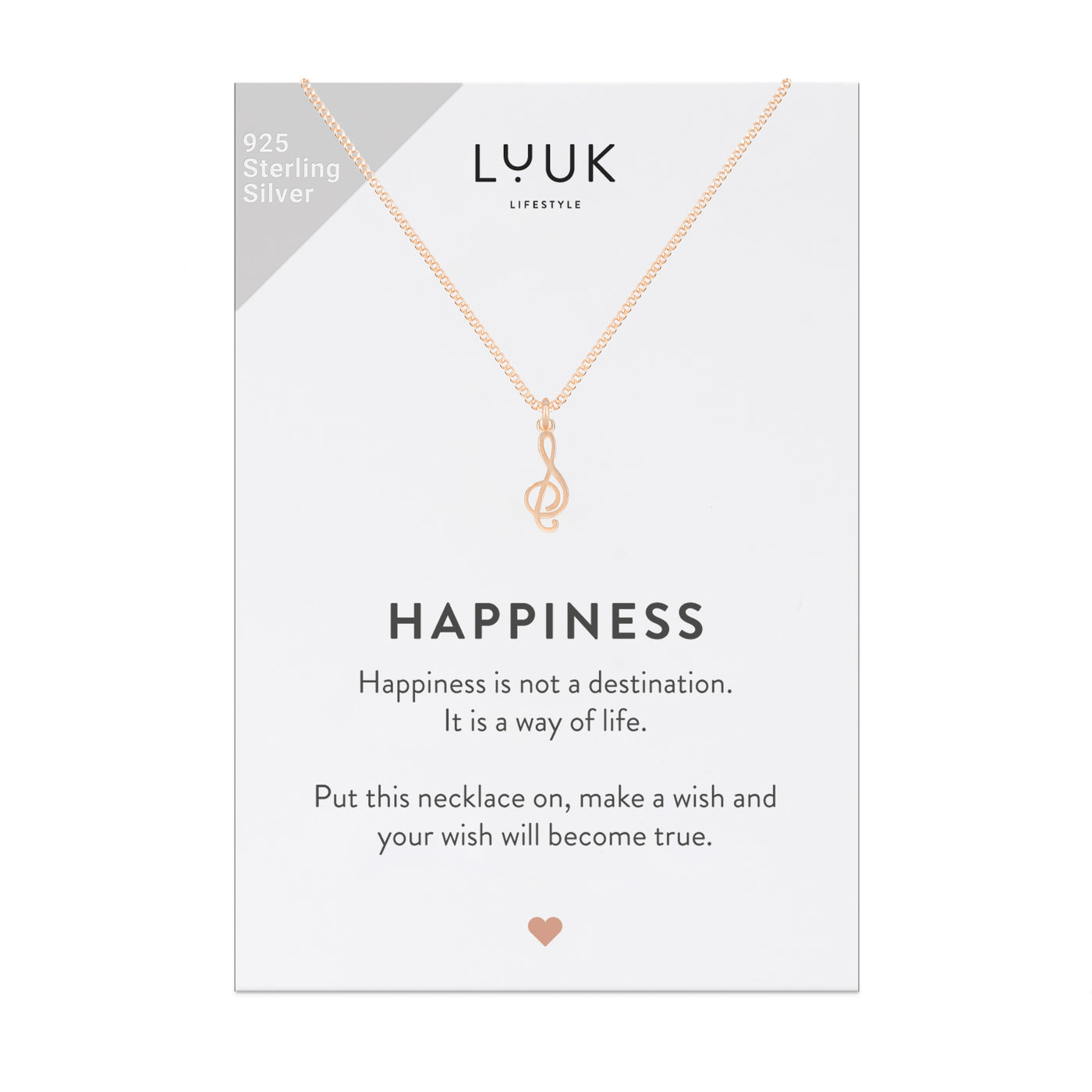 Halskette mit Notenschlüssel Anhänger in Roségold auf Happiness Spruchkarte von der Marke Luuk Lifestyle 