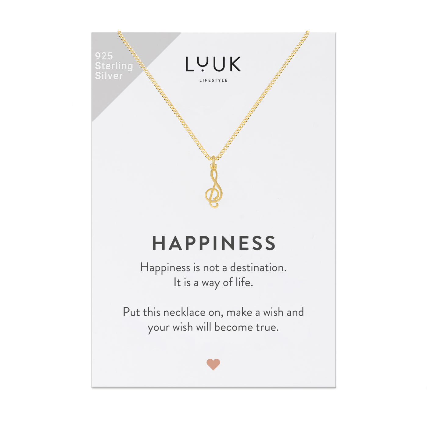 Halskette mit Notenschlüssel in Gold auf Happiness Spruchkarte von der Marke Luuk Lifestyle 