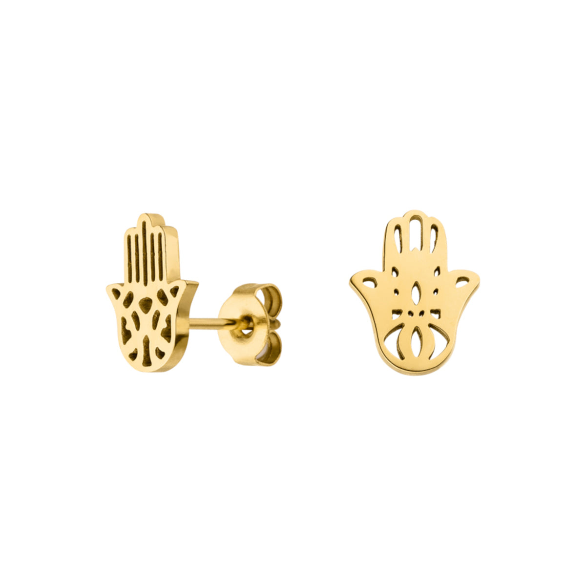 Goldene Ohrringe mit Hamsa Hand Motiv aus Edelstahl von der Marke Luuk Lifestyle