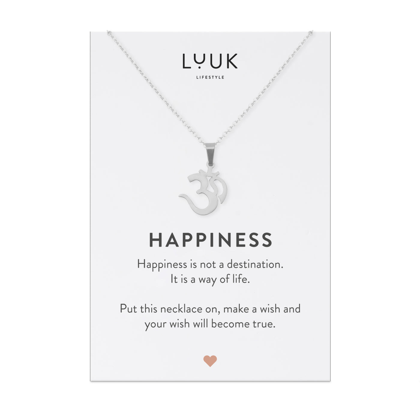 Silberne Halskette mit Om Anhänger auf Happiness Karte von der Marke Luuk Lifestyle.