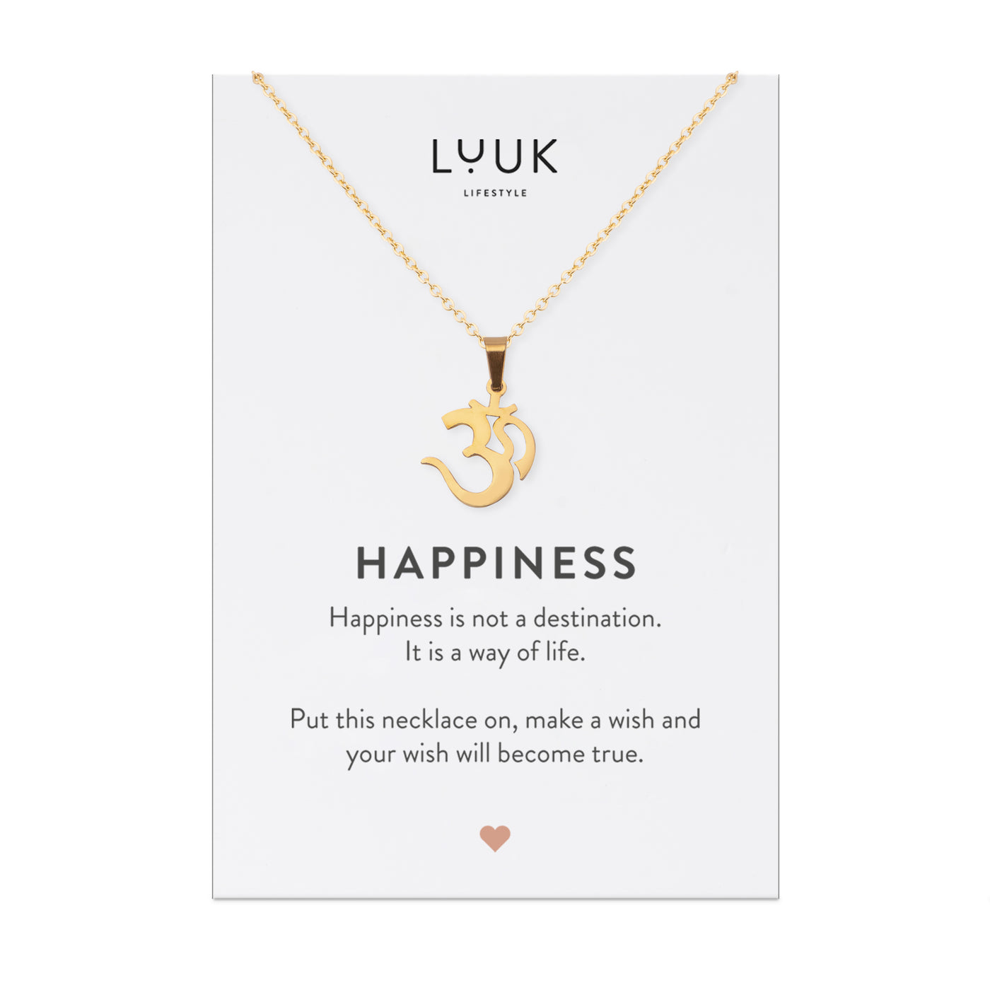 Goldene Halskette mit Om Anhänger auf Happiness Karte von der Brand Luuk Lifestyle.