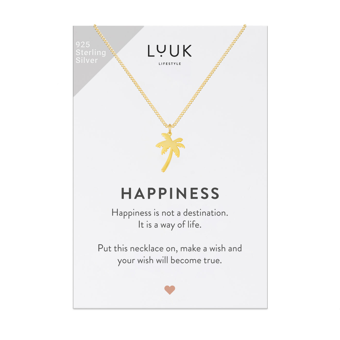 Halskette mit Palmen Anhänger in Gold auf Happiness Spruchkarte von der Marke Luuk Lifestyle 