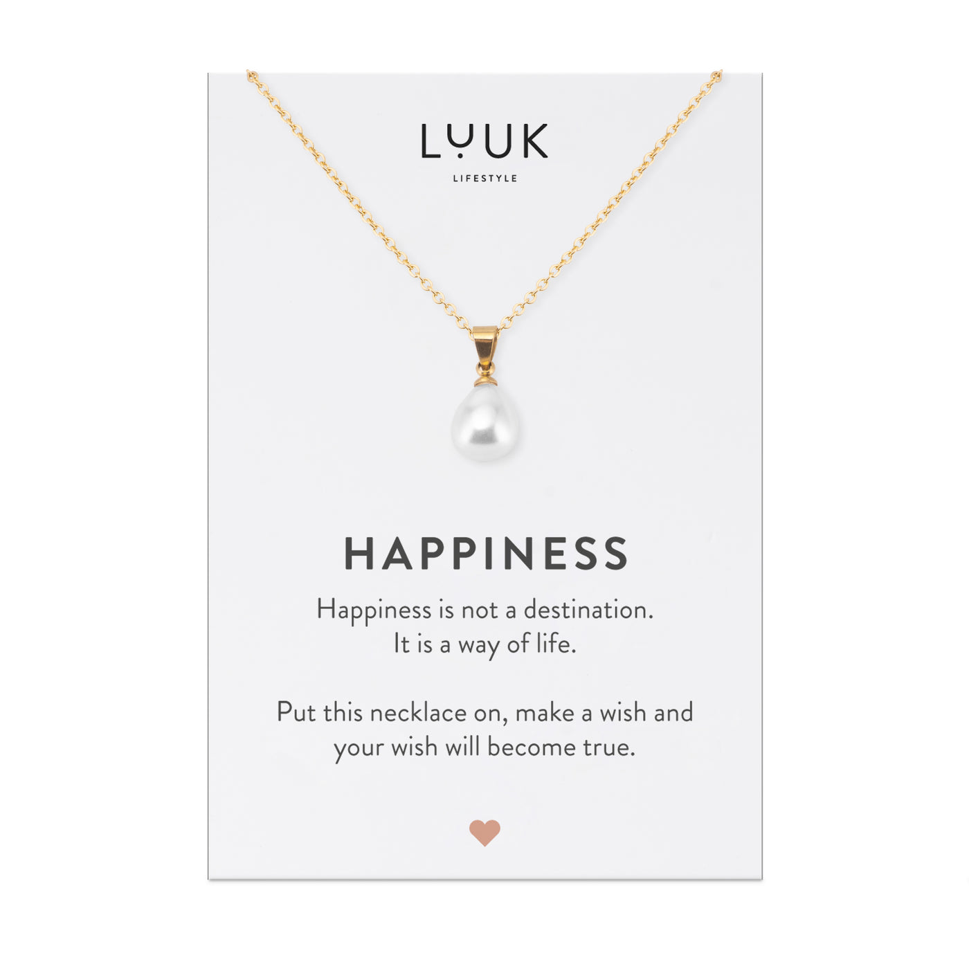 Gold Kette mit Perle Anhänger aus Edelstahl auf Happiness Karte von der Marke Luuk Lifestyle