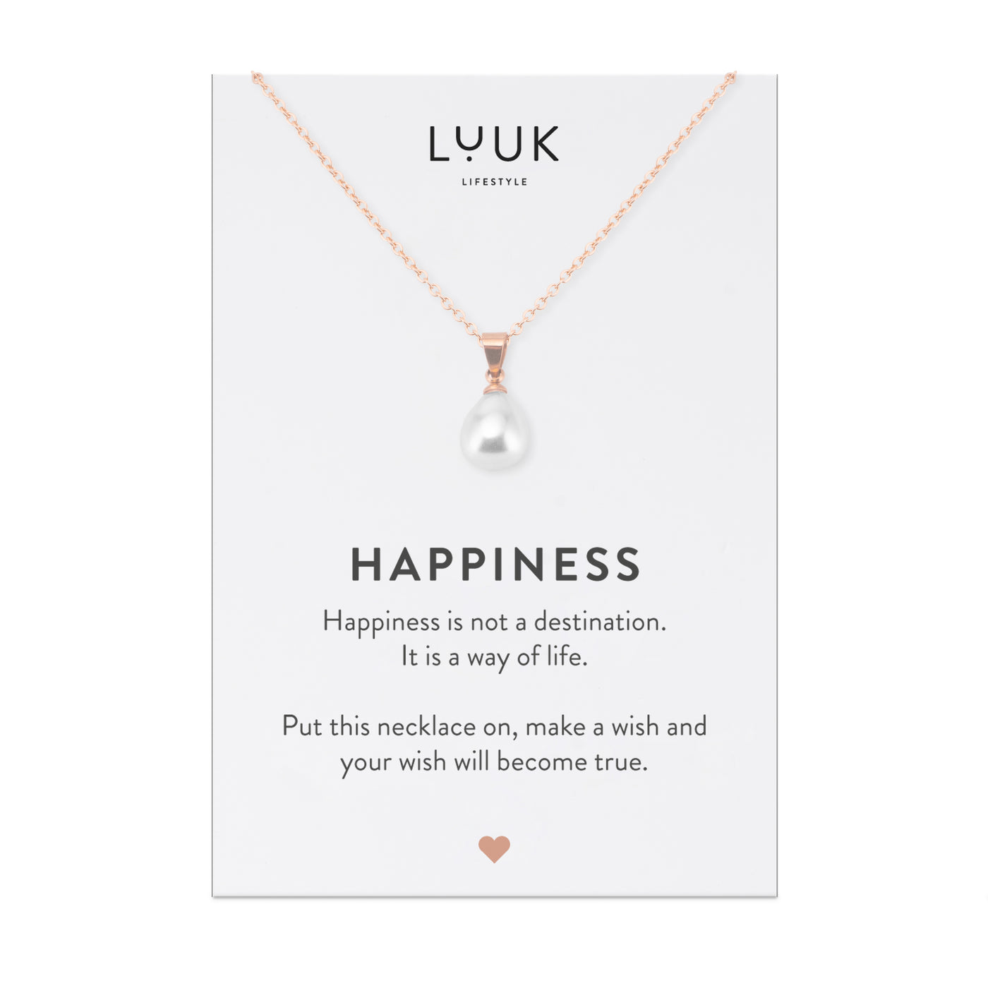 Halskette mit Perle Anhänger in Roségold auf Happiness Spruchkarte von Luuk Lifestyle