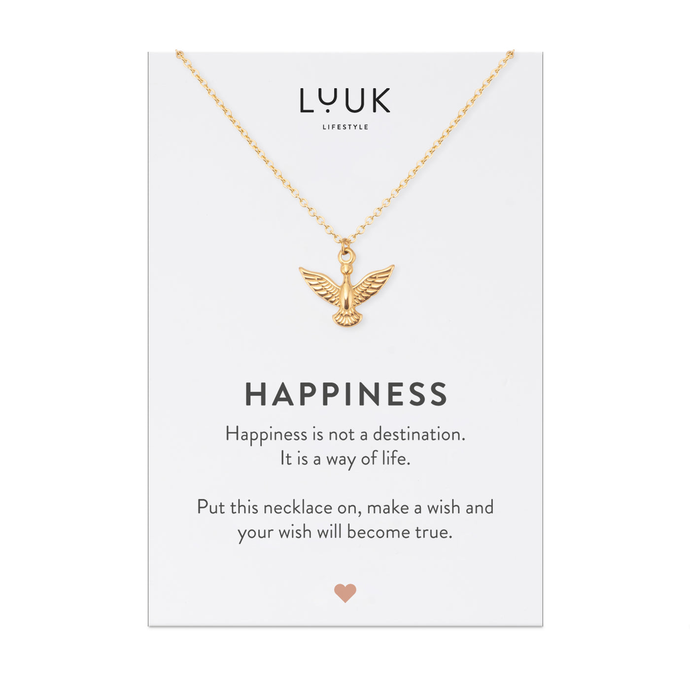 Goldene Halskette mit Adler Anhänger auf Happiness Karte von der Brand Luuk Lifestyle.