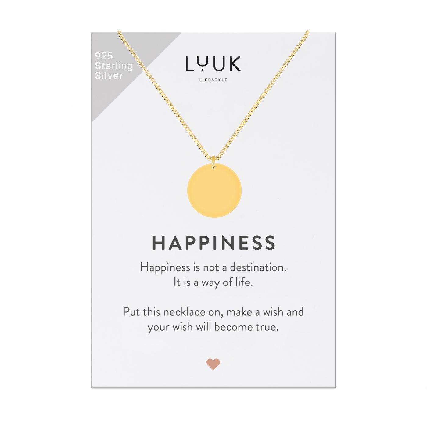 Happiness Spruchkarte mit schlichter goldener Halskette und Plättchen Anhänger von der Marke Luuk Lifestyle 