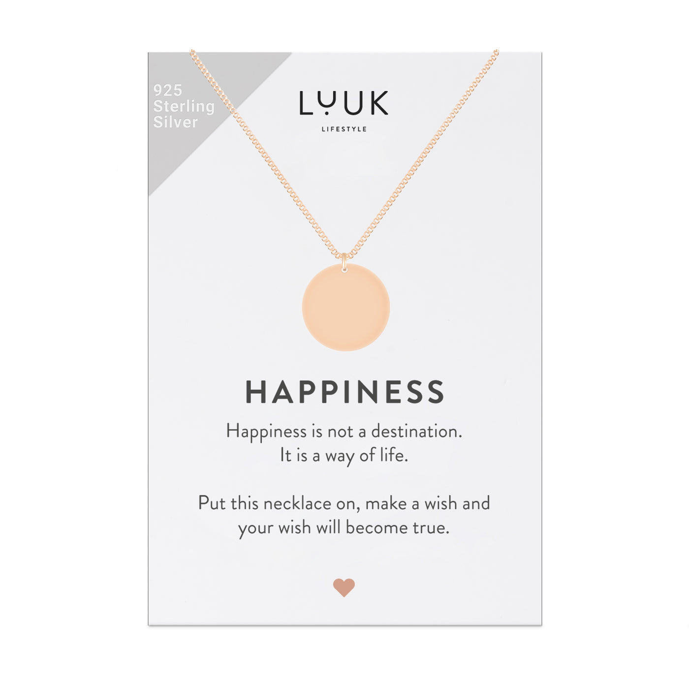 Rose goldene Kette mit rundem Anhänger auf Happiness Spruchkarte von der Marke Luuk Lifestyle 