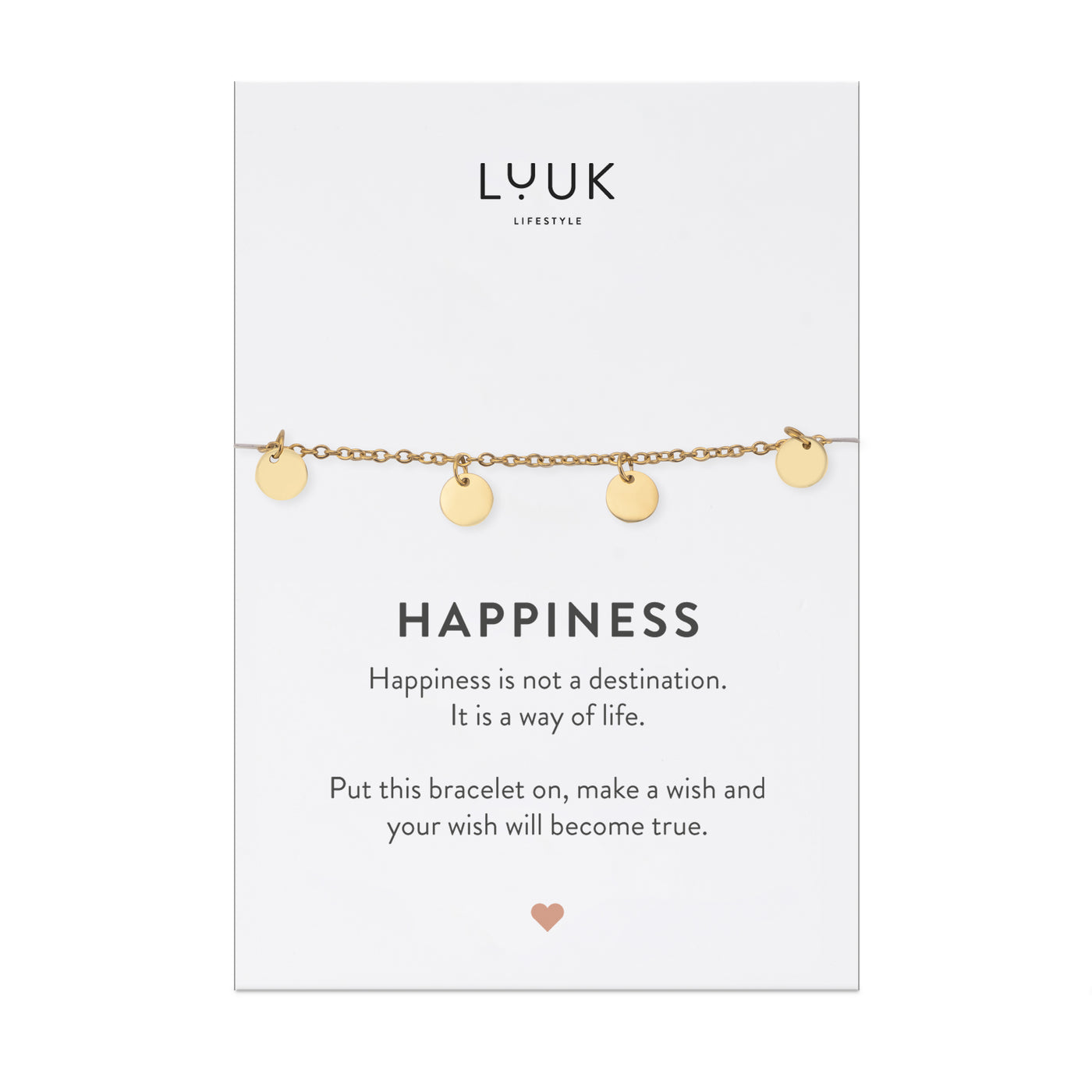 Armband mit Coin Anhängern auf Simplicity Spruchkarte mit motivierender Happiness Spruchkarte von der Marke Luuk Lifestyle 