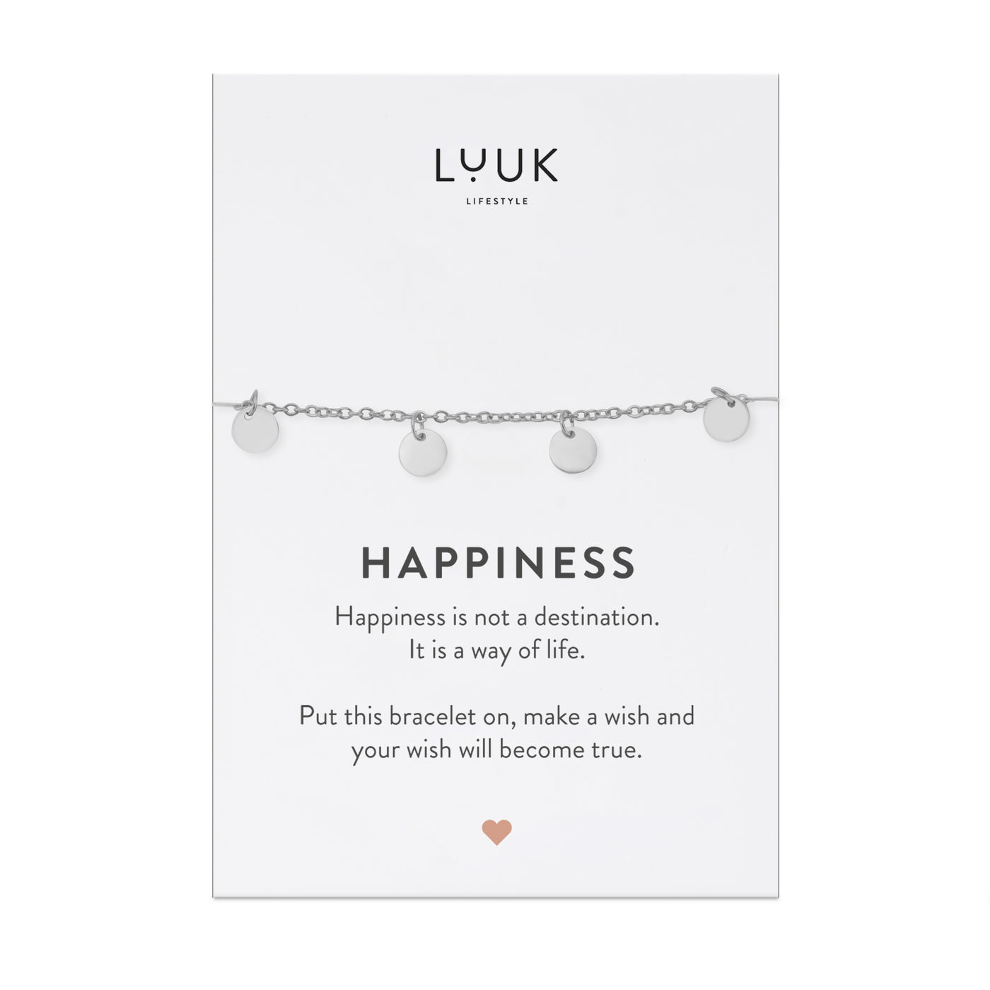 Plättchen Armband aus Edelstahl auf Happiness Spruchkarte von Luuk Lifestyle 