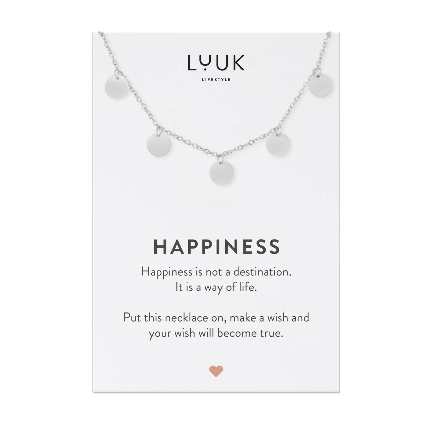Halskette mit Plättchen Anhänger in Edelstahl auf Happiness Spruchkarte von der Brand Luuk Lifestyle 