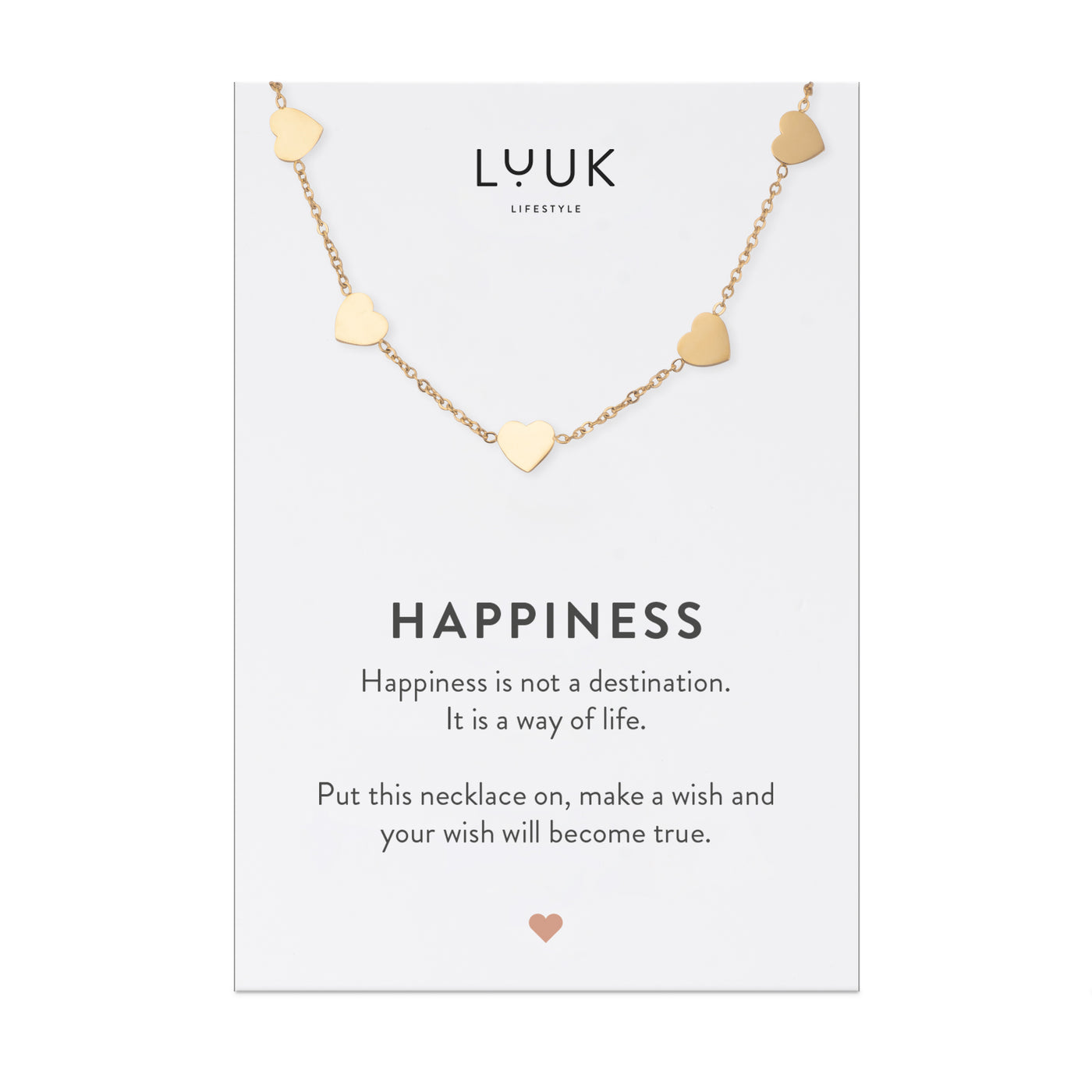 Gold Kette mit Herz Anhänger aus Edelstahl auf Happiness Spruchkarte von der Brand Luuk Lifestyle 