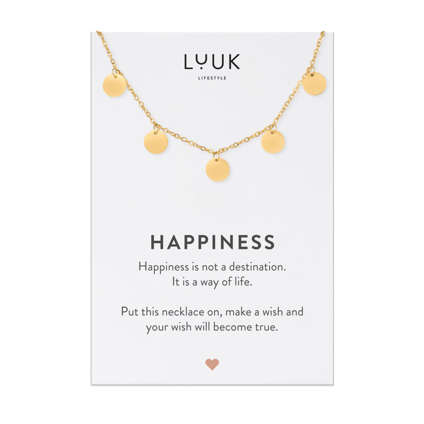 Happiness Spruchkarte mit schlichter goldener Halskette und Plättchen Anhänger von der Marke Luuk Lifestyle 