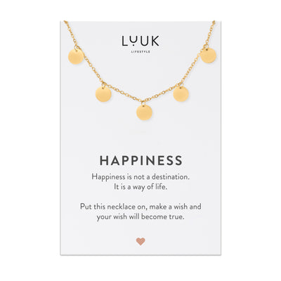 Happiness Spruchkarte mit schlichter goldener Halskette und Plättchen Anhänger von der Marke Luuk Lifestyle 