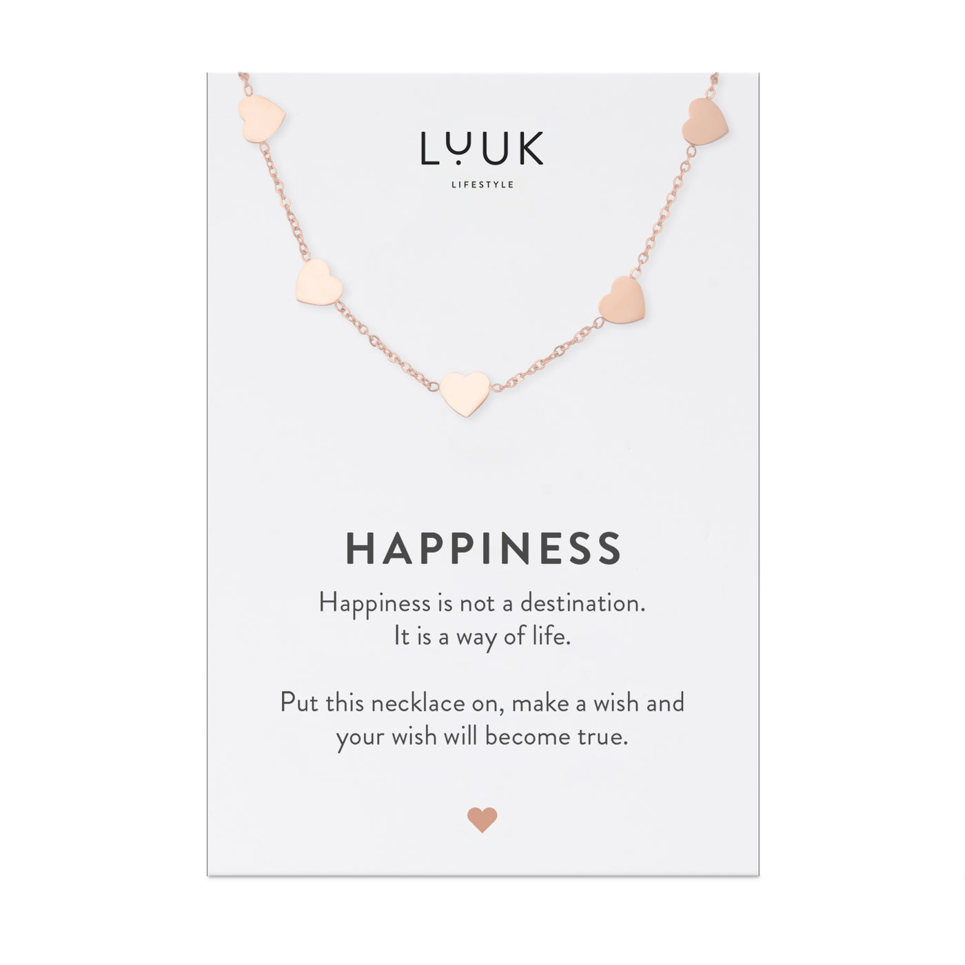 Halskette mit Herz Anhänger in Roségold auf Happiness Spruchkarte von Luuk Lifestyle 