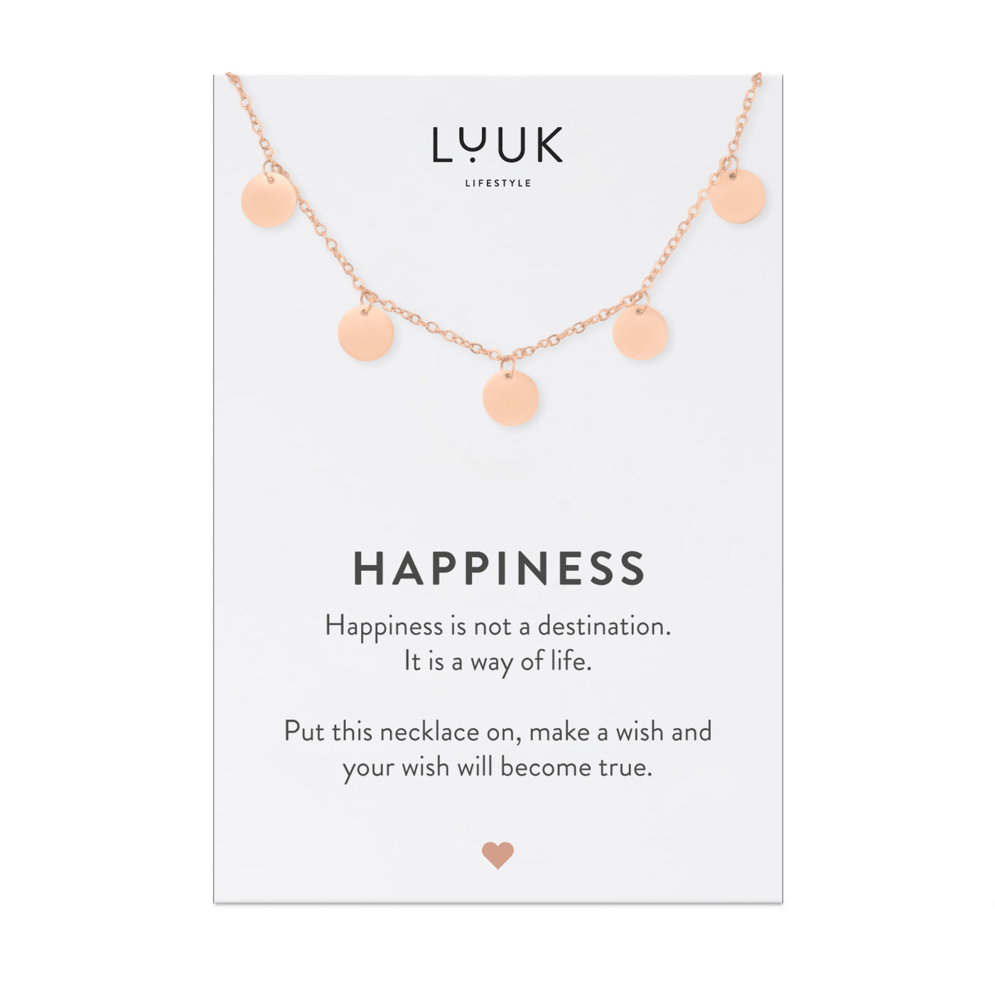 Rose goldene Kette mit rundem Anhänger auf Happiness Spruchkarte von der Marke Luuk Lifestyle 