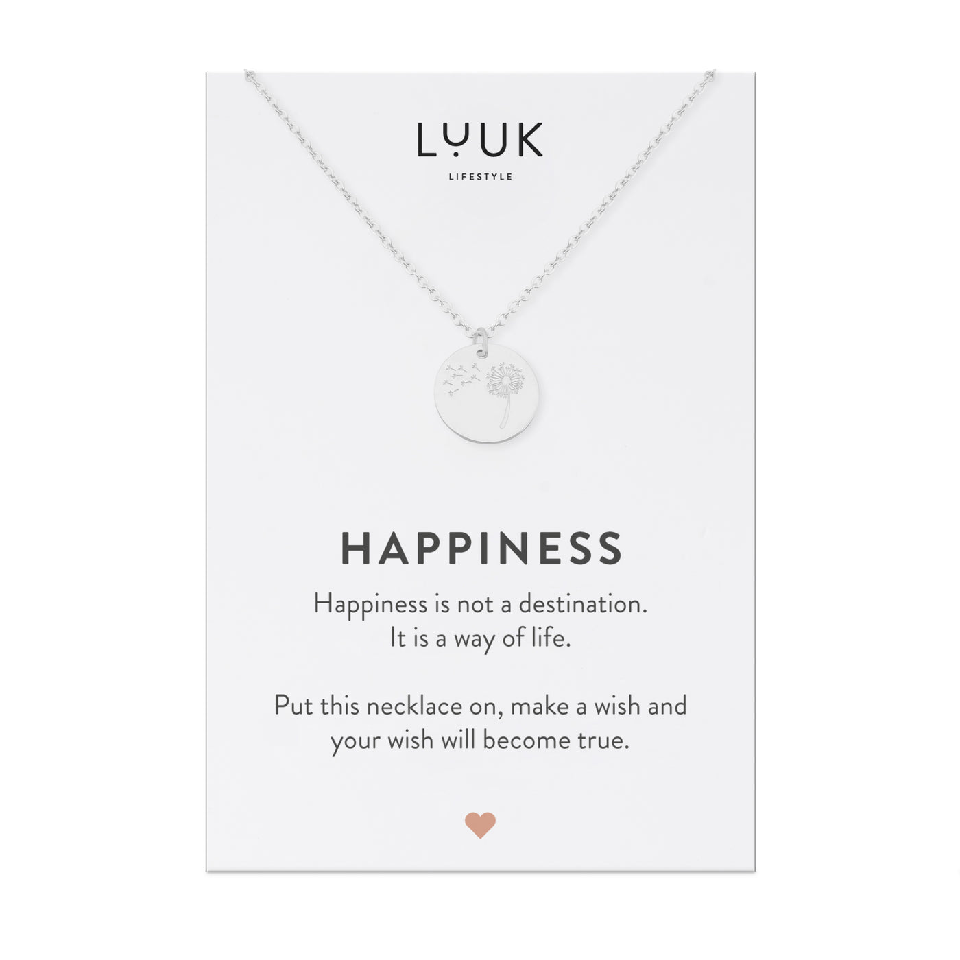 Halskette mit Pusteblumen Anhänger aus Edelstahl auf Happiness Spruchkarte von der Marke Luuk Lifestyle 
