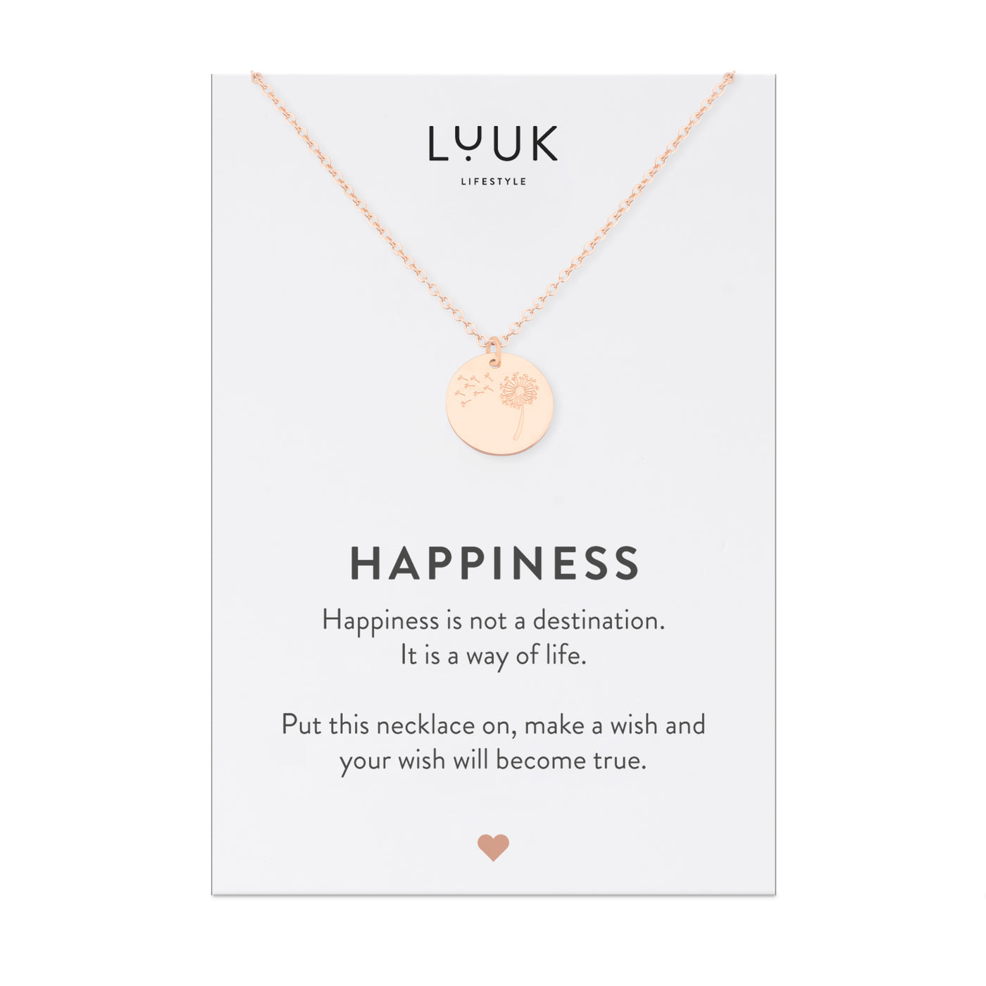 Halskette mit Pusteblumen Anhänger in Rosegold auf Happiness Spruchkarte von Luuk Lifestyle
