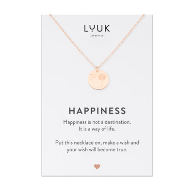 Halskette mit Pusteblumen Anhänger in Rosegold auf Happiness Spruchkarte von Luuk Lifestyle