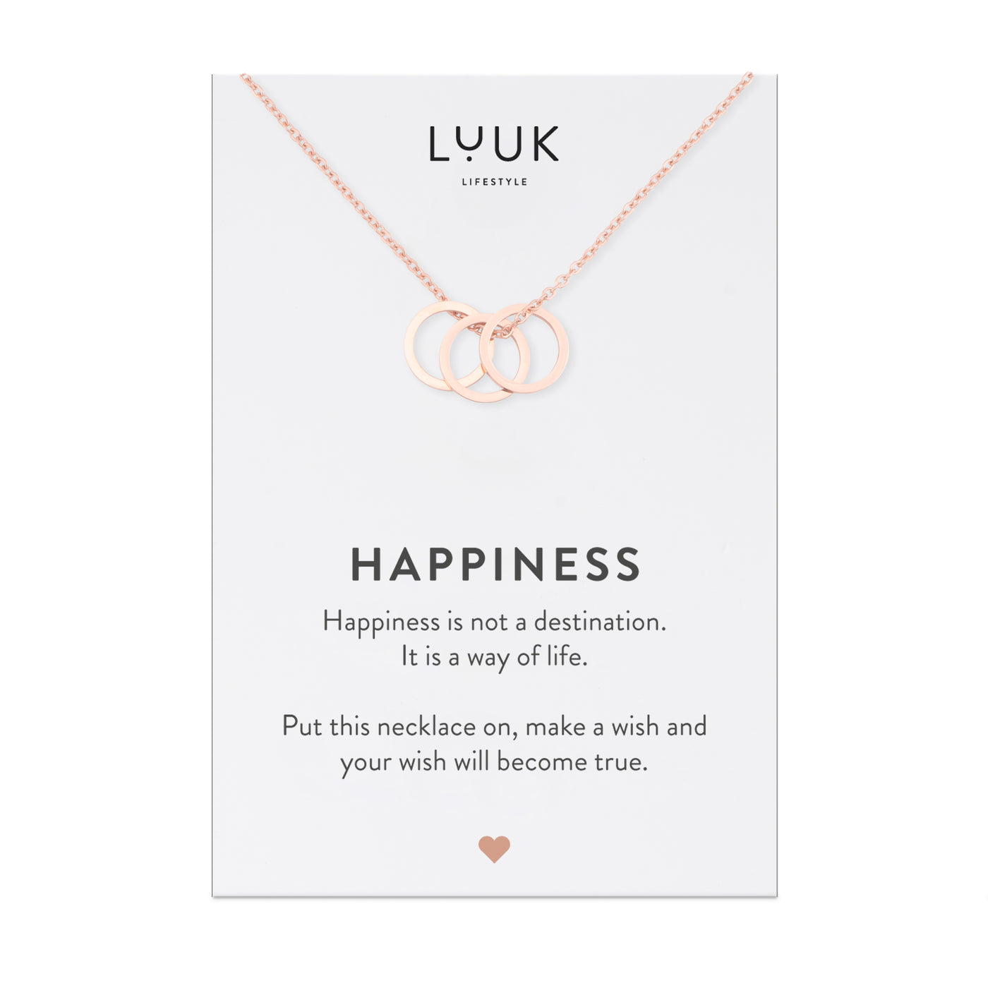 Halskette mit Kreis Anhängern in Rosegold auf Happiness Spruchkarte von der Marke Luuk Lifestyle