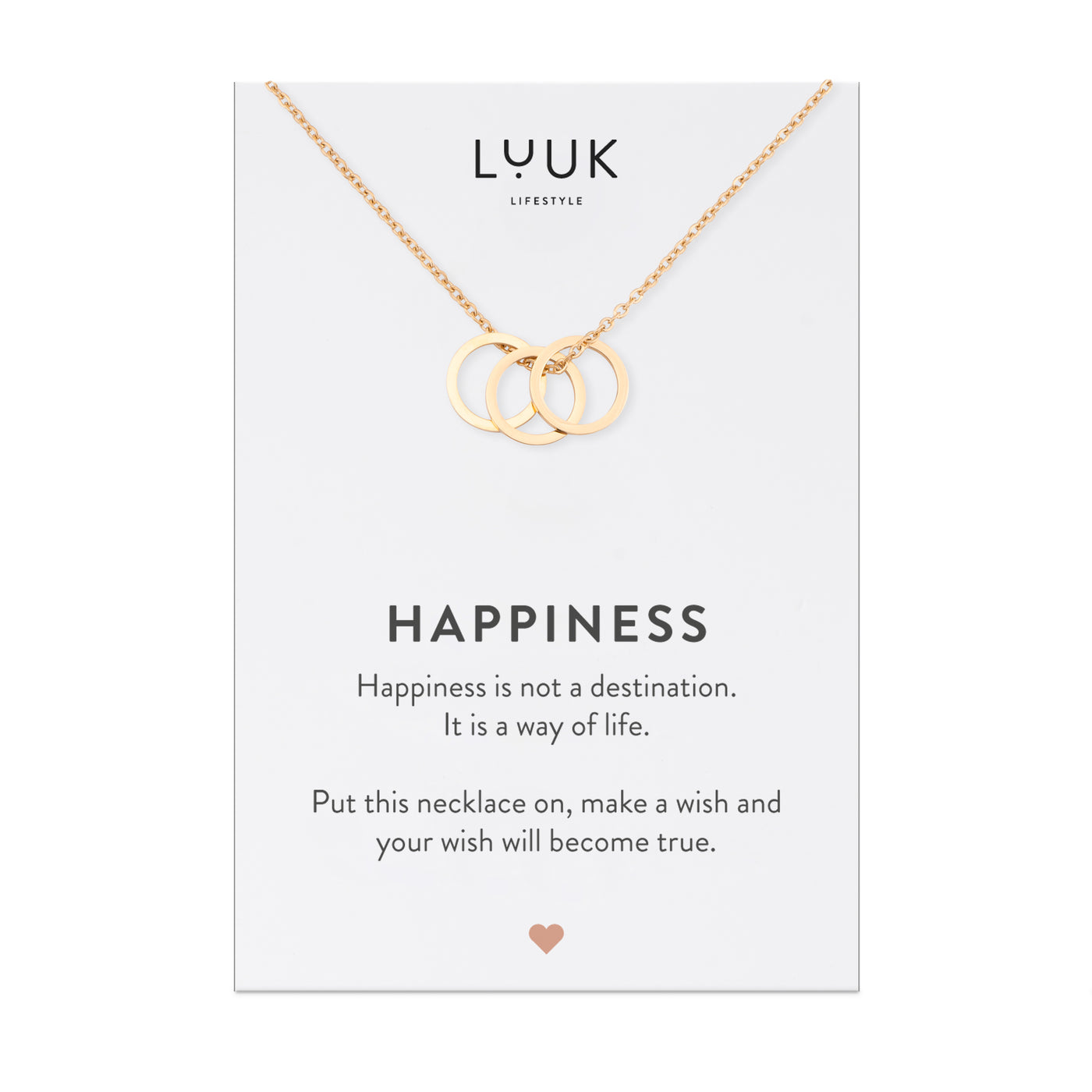 Gold Kette mit Kreis Anhängern aus Edelstahl auf Happiness Spruchkarte von der Brand Luuk Lifestyle