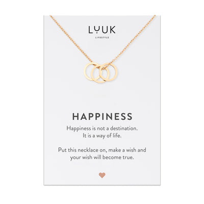 Gold Kette mit Kreis Anhängern aus Edelstahl auf Happiness Spruchkarte von der Brand Luuk Lifestyle