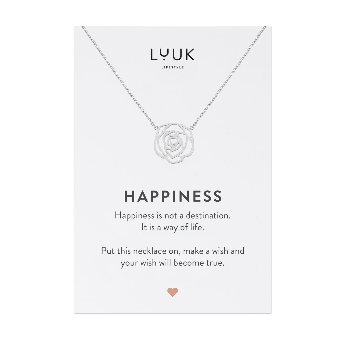 Halskette mit Rosenblüten Anhänger aus Edelstahl auf Happiness Spruchkarte von der Marke Luuk Lifestyle 