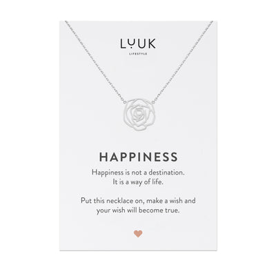 Halskette mit Rosenblüten Anhänger aus Edelstahl auf Happiness Spruchkarte von der Marke Luuk Lifestyle 