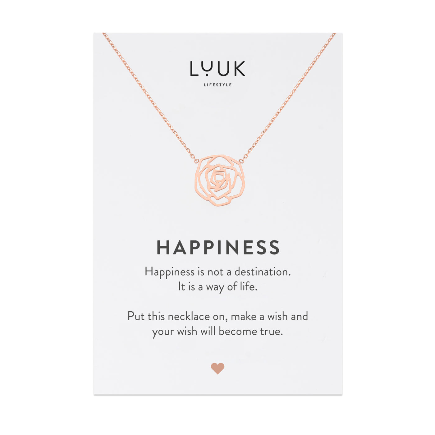 Halskette mit Rosenblüten Anhänger in Rosegold auf Happiness Spruchkarte von Luuk Lifestyle