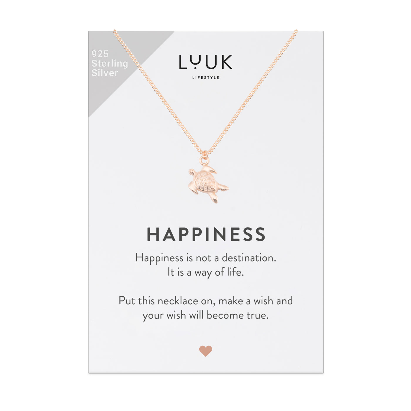 Rosegoldene Halskette mit Schildkröten Anhänger auf Happiness Spruchkarte von Luuk Lifestyle 