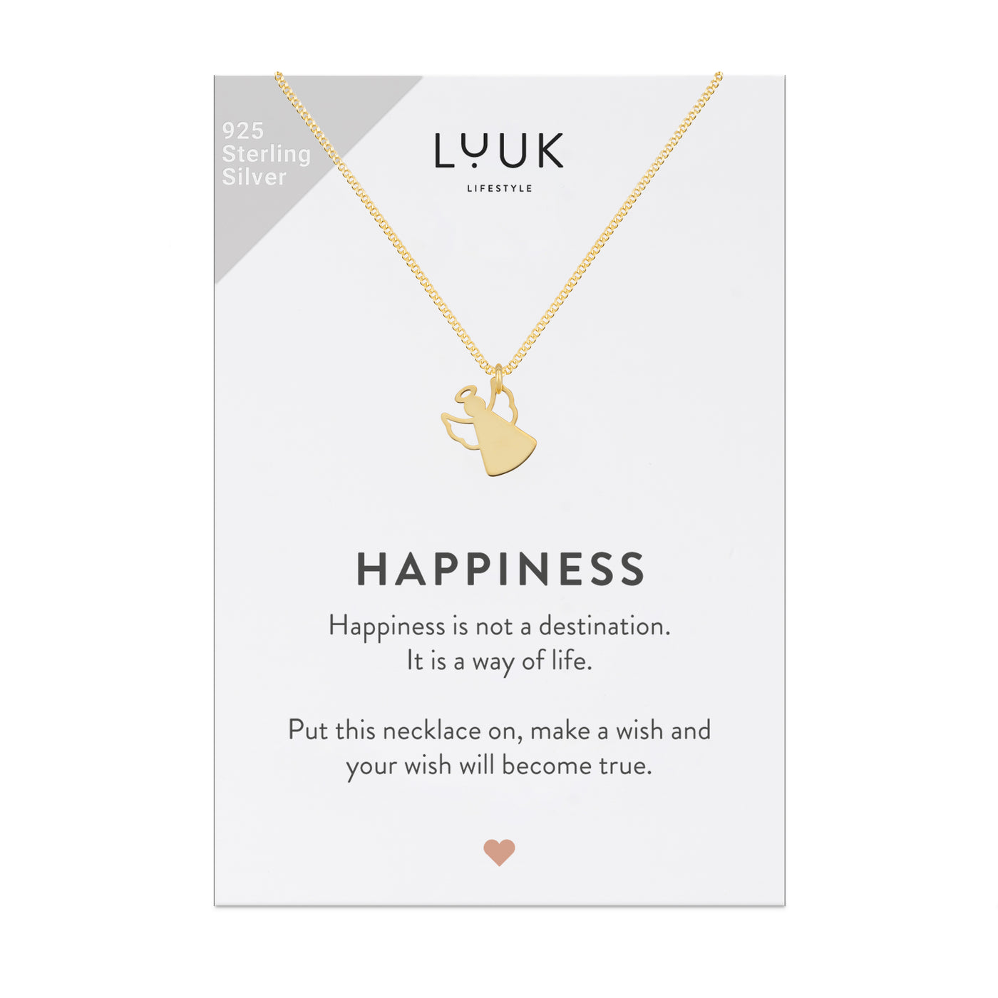 Happiness Spruchkarte mit schlichter Goldenen Halskette und Schutzengel Anhänger von der Marke Luuk Lifestyle 